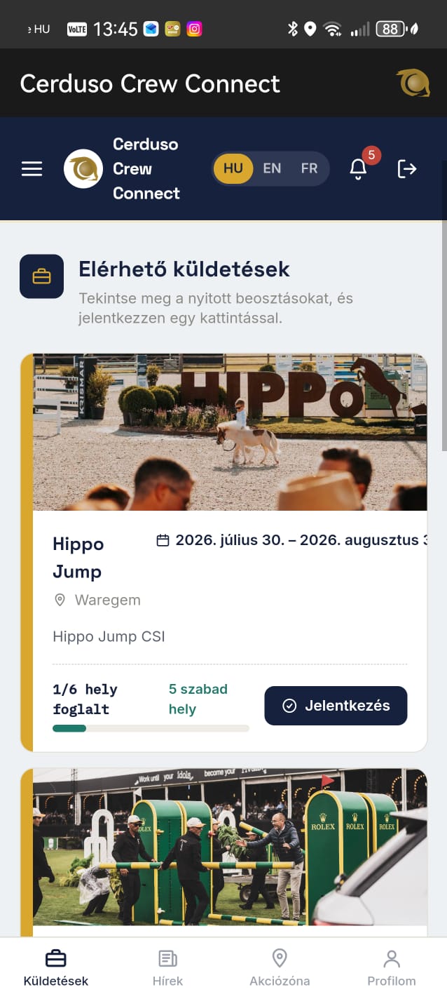 Jelentkezés egy küldetésre a Cerduso Crew Connect alkalmazásban