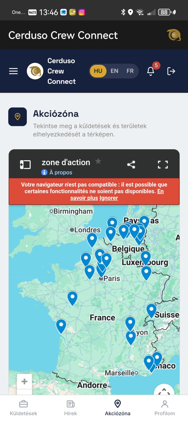 Küldetések böngészése a Cerduso Crew Connect alkalmazásban